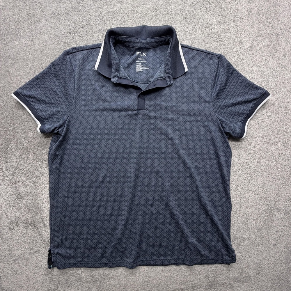 FLX Polo Shirt Mens‎ XL Blue Geometric Urban Commuter Performance Short Sleeve